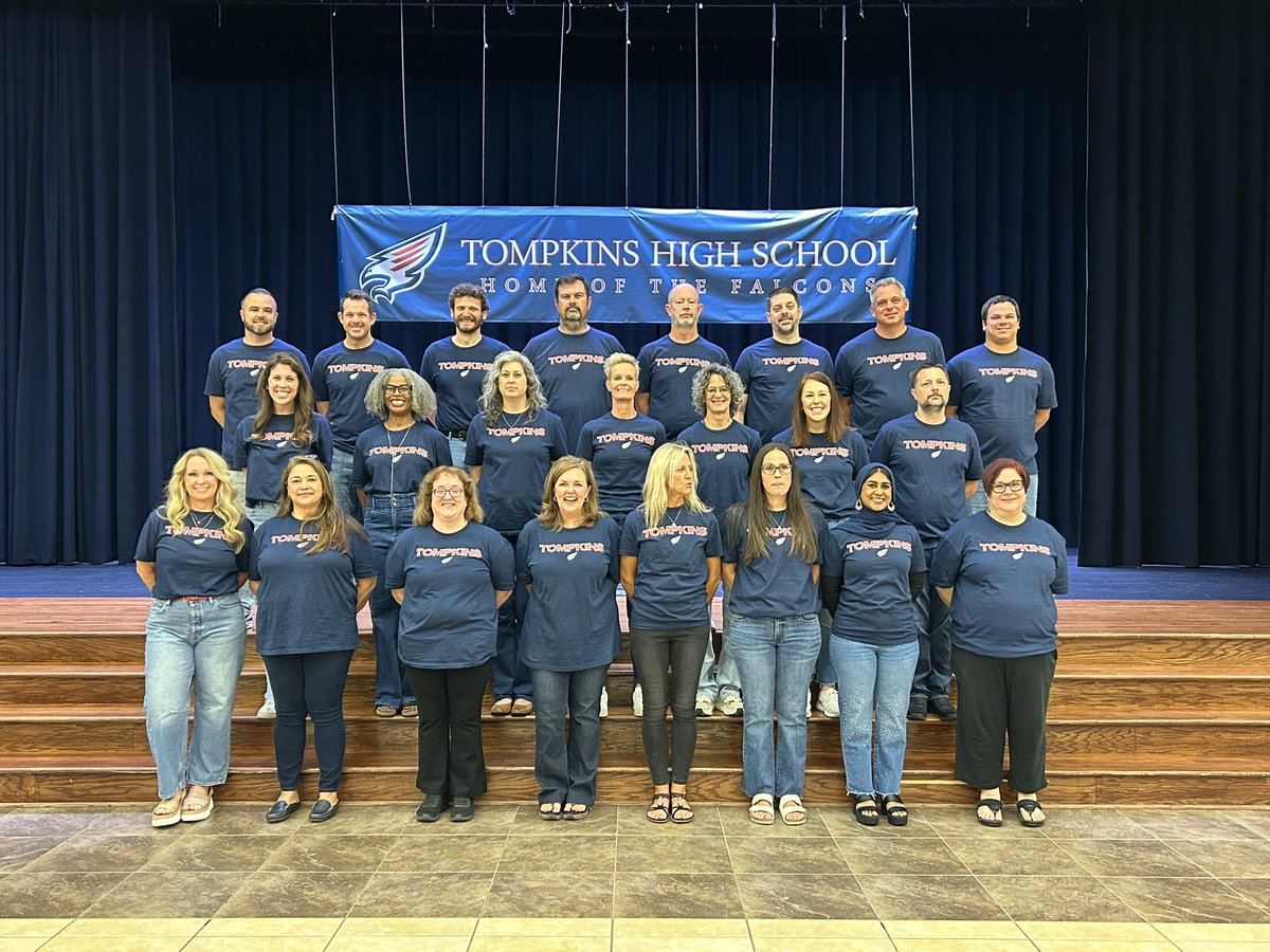 TompkinsHS's tweet photo. Year 13…here we go!  We’re pumped and ready for another amazing year— and get this…the awesome staff in this pic were here when Tompkins first opened!  

#OGcrew  #tfw #fp1440 https://t.co/Uc9BpFqJdM