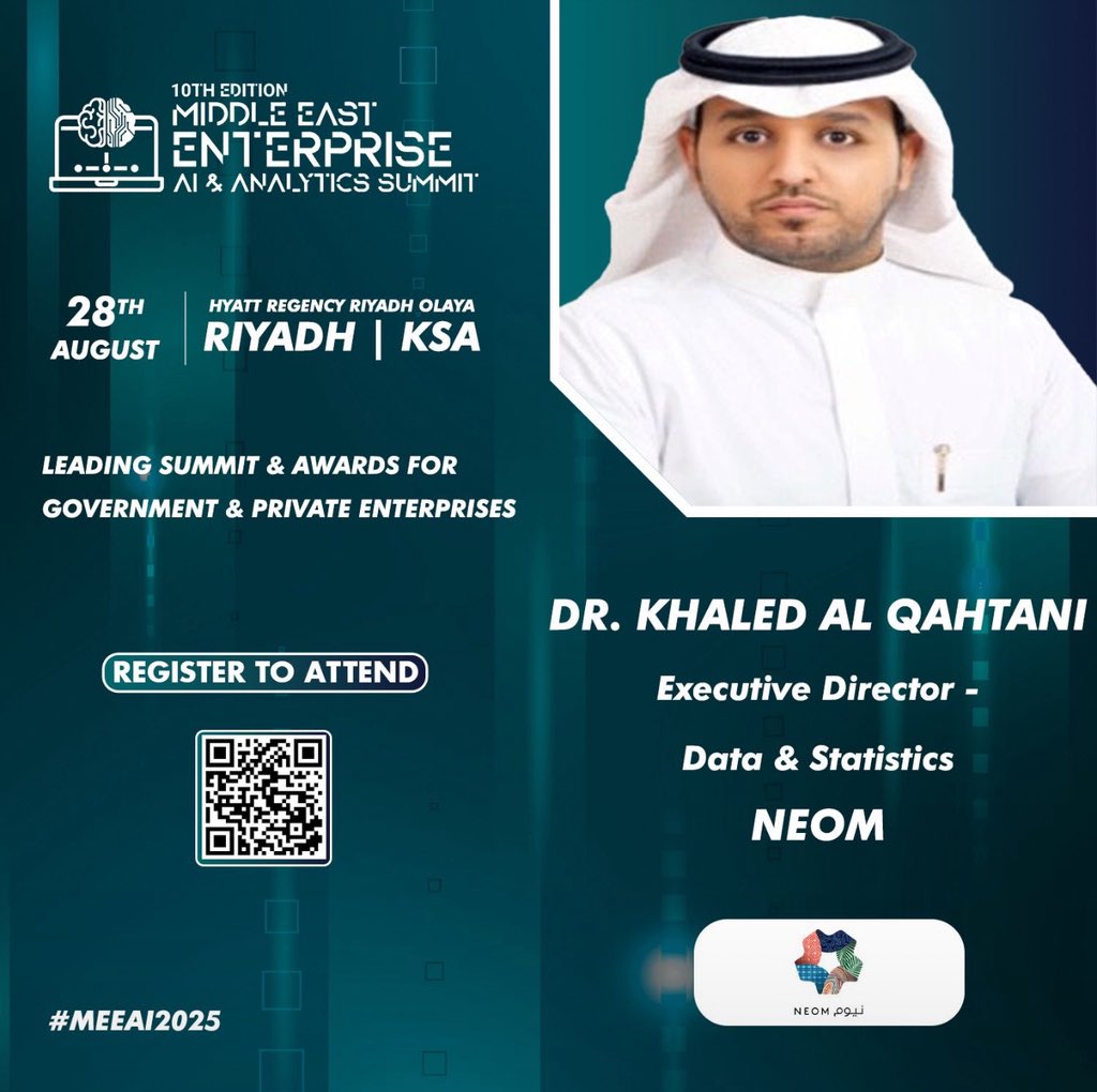 يسعدني المشاركة كمتحدث في القمة العاشرة للذكاء الاصطناعي والتحليلات في الشرق الأوسط بالرياض يوم 28 أغسطس 2025 في فندق حياة ريجنسي العليا.
أتطلع للتواصل مع القادة والمبتكرين في حوكمة البيانات، والذكاء الاصطناعي، والإحصاءات الذكية.
#حوكمة_البيانات #الذكاء_الاصطناعي_في_القطاع_العام