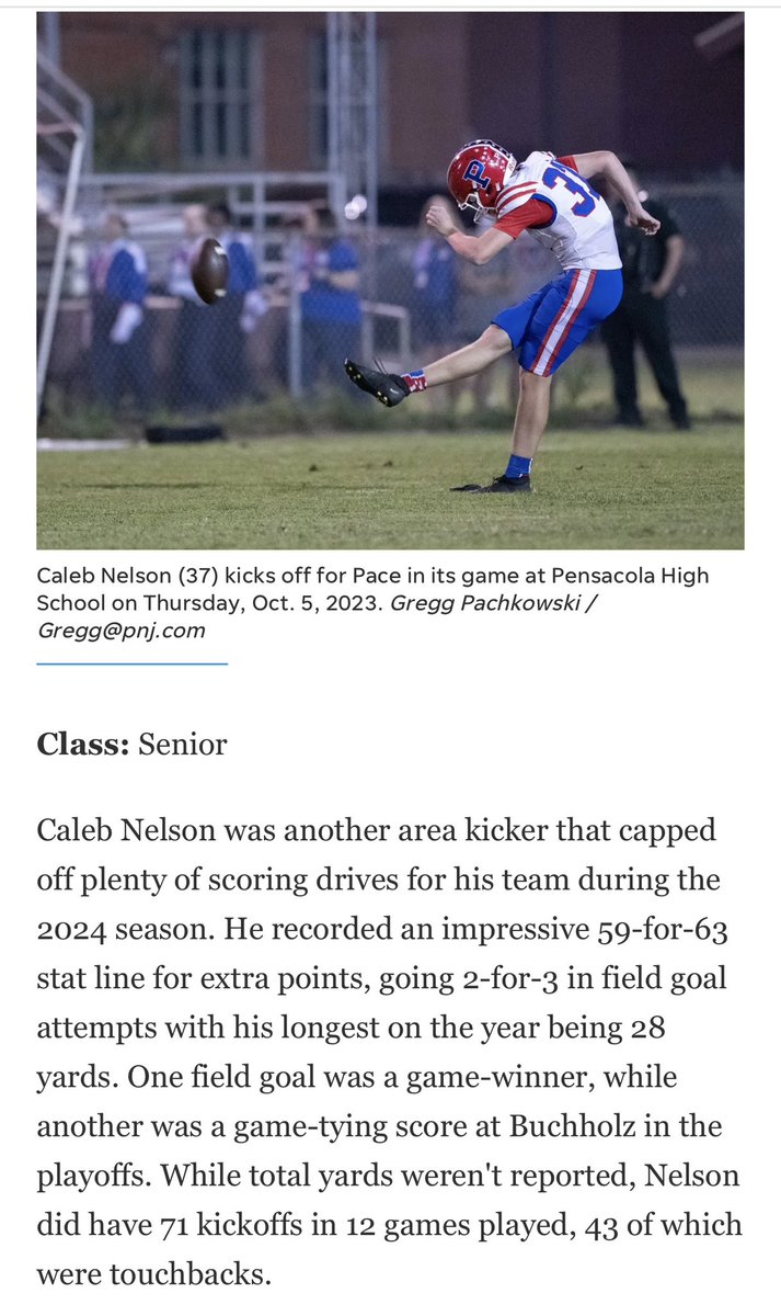 Caleb Nelson (@calebnelson3708) on Twitter photo Excited to be named one of PNJ’ s high school kickers to watch! <a href="/PaceHSfootball/">Pace High Football</a> <a href="/KohlsHighlights/">Kicking, Punting, Long Snapping Highlights</a> <a href="/StClark30/">Coach Steven Clark</a> <a href="/HKA_Tanalski/">Adam</a> <a href="/Briggs_bourg/">briggs bourgeois</a> <a href="/ericponio/">Eric Ponio</a> <a href="/CoachMelo90/">Coach Melo™️</a> <a href="/T_Zielenske5/">Tyler Zielenske</a> Excited to be named one of PNJ’ s high school kickers to watch! <a href="/PaceHSfootball/">Pace High Football</a> <a href="/KohlsHighlights/">Kicking, Punting, Long Snapping Highlights</a> <a href="/StClark30/">Coach Steven Clark</a> <a href="/HKA_Tanalski/">Adam</a> <a href="/Briggs_bourg/">briggs bourgeois</a> <a href="/ericponio/">Eric Ponio</a> <a href="/CoachMelo90/">Coach Melo™️</a> <a href="/T_Zielenske5/">Tyler Zielenske</a>