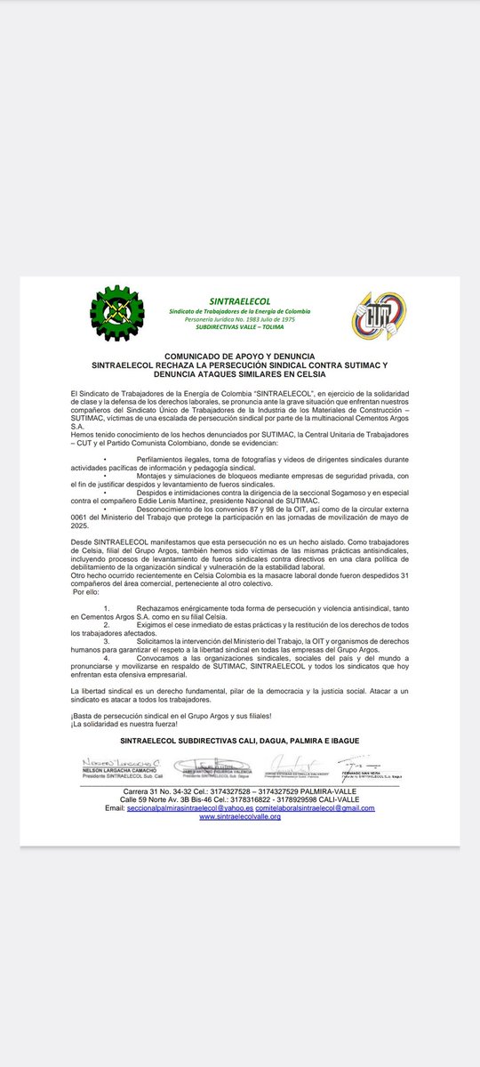 Comunicado Solidario Sintraelecol Subdirectivas Valle - Tolima <a href="/Sintraelecolval/">SINTRAELECOL VALLE DEL CAUCA</a>
