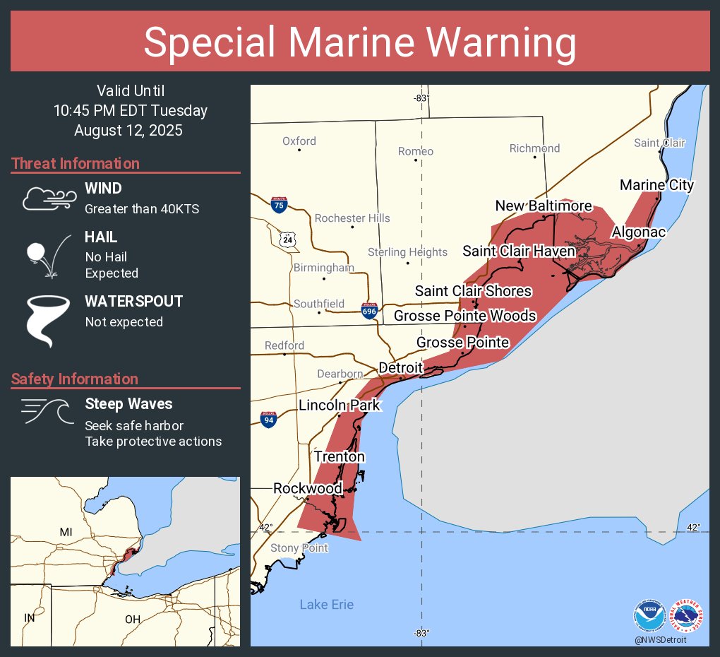 Special Marine Warning including the Lake St. Clair Open Lake (U.S. Portion), Michigan Waters of Lake Erie from Detroit River to North Cape MI, Detroit River and St. Clair River until 10:45 PM EDT