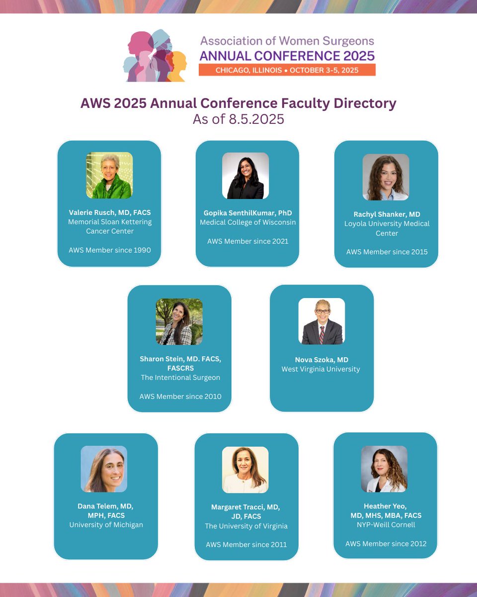 💜#AWS2025 Conference Faculty💜 

These esteemed presenters will provide lectures, panels, and workshops inspired by the theme, "Women Surgeon Pioneers: Shaping the Future of Surgery" during the AWS conference in Chicago from October 3-4.   

Register:
womensurg.memberclicks.net/annual-confere…