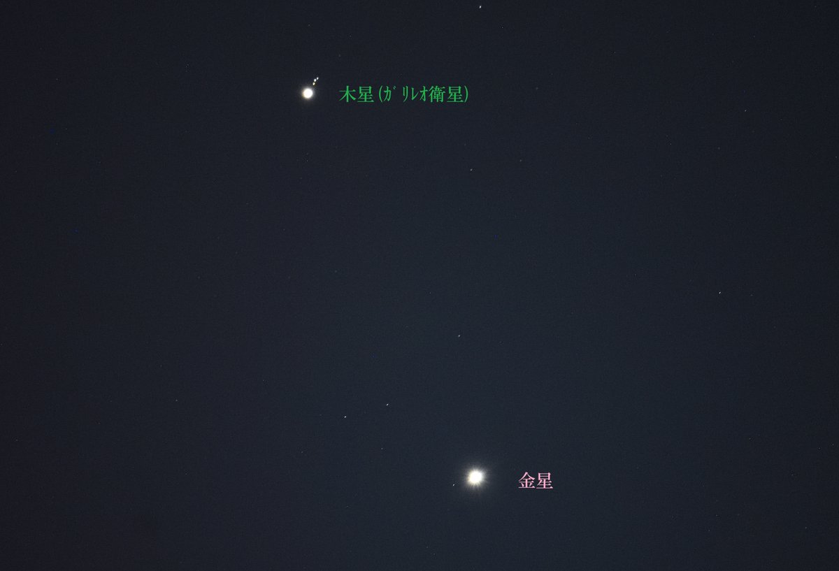 金星と木星の接近
ﾏｲﾅｽ4.0等の金星とﾏｲﾅｽ1.9等の木星
の接近。12日が最接近でした。
2025.08.13 03:28　📷600mm望遠
この位で撮ると、
ガリレオ衛星もちゃんと見えますね。

#金星と木星の接近 #秋田市