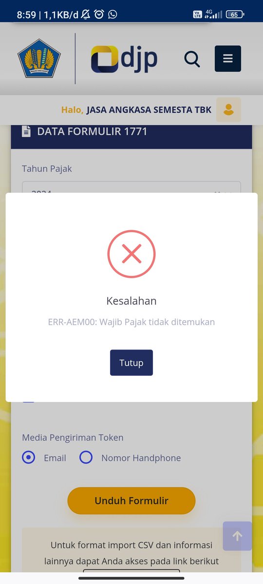 Rohalian's tweet photo. @kring_pajak min saya mau download eform SPT Badan Pembetulan kenapa ga bisa ya? Begini keterangannya https://t.co/rCKSHvh9wL