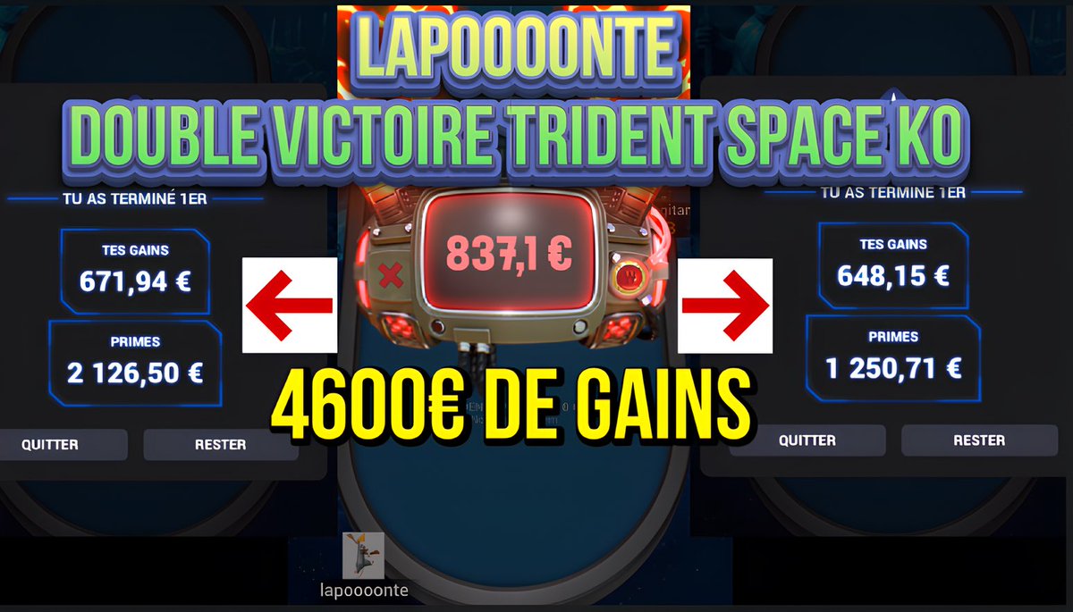 Incroyable ce soir j’ai win quasi en même temps le trident 10 et 20€ Space KO pour 4600€ en tout 💪🏼🔥🤑

Après des semaine de bad j’ai pas lâcher ça fais plaisir 💪🏼

Demain les day2 des trilogy