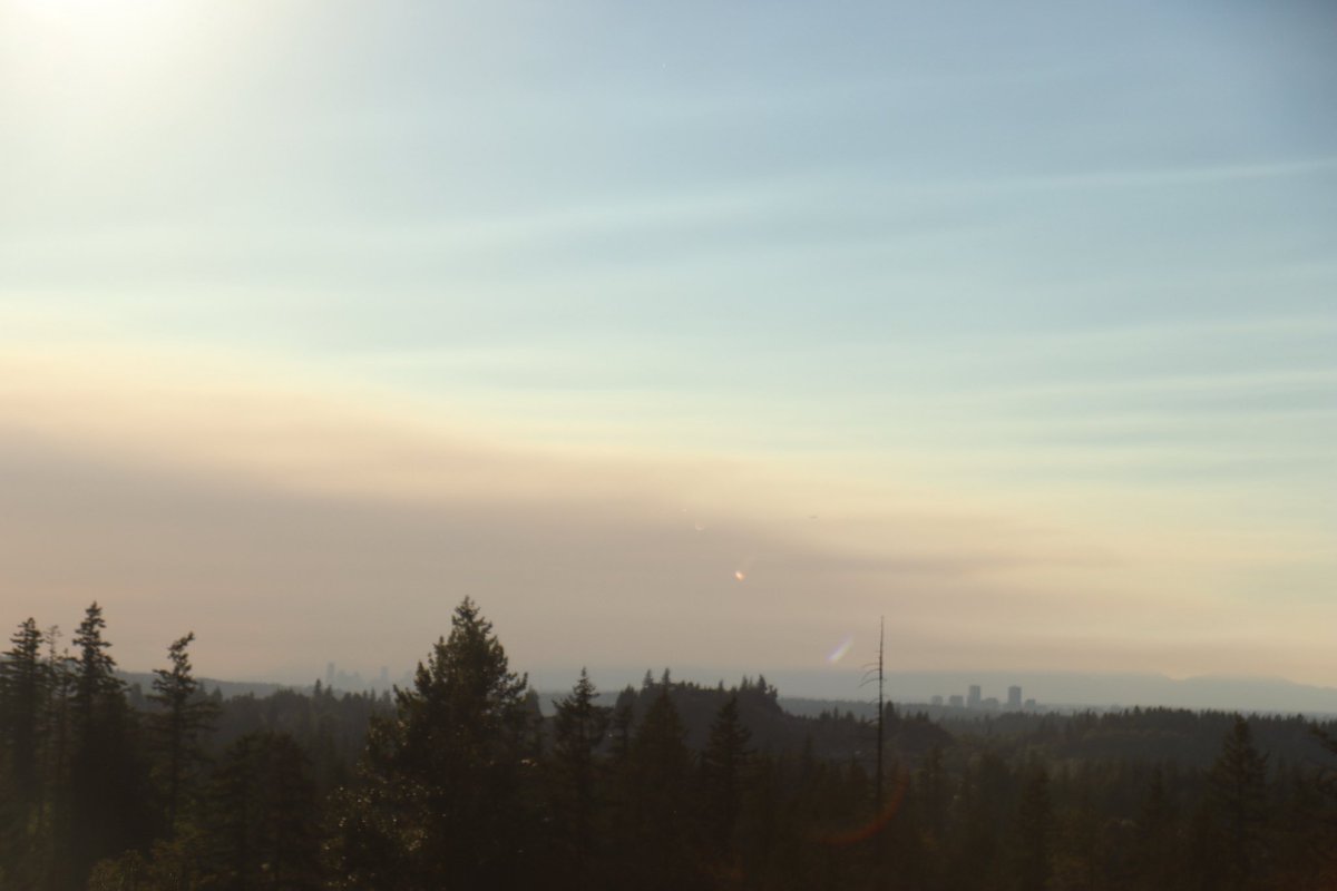 Lots of smoke from the Bear Gulch Fire moving over Seattle now and soon the Eastside as westerly winds aloft pushes the smoke east.

View from the Issaquah Highlands #wawx #BearGulchFire
