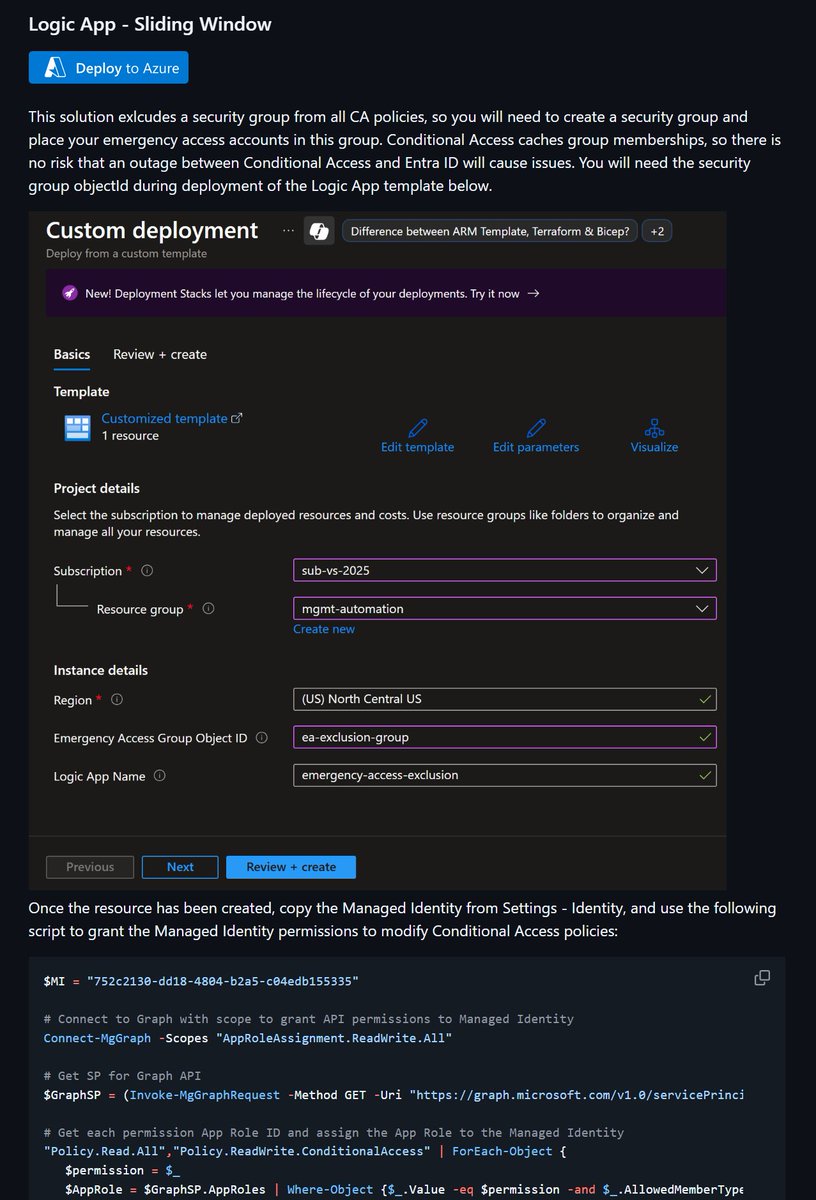 I've been working on a set of solutions around excluding emergency access accounts from CA policies to showcase when/why to use certain methods

I just pushed the first option, Logic App using a sliding window, to my repo with a Deploy to Azure button :)

github.com/nathanmcnulty/…