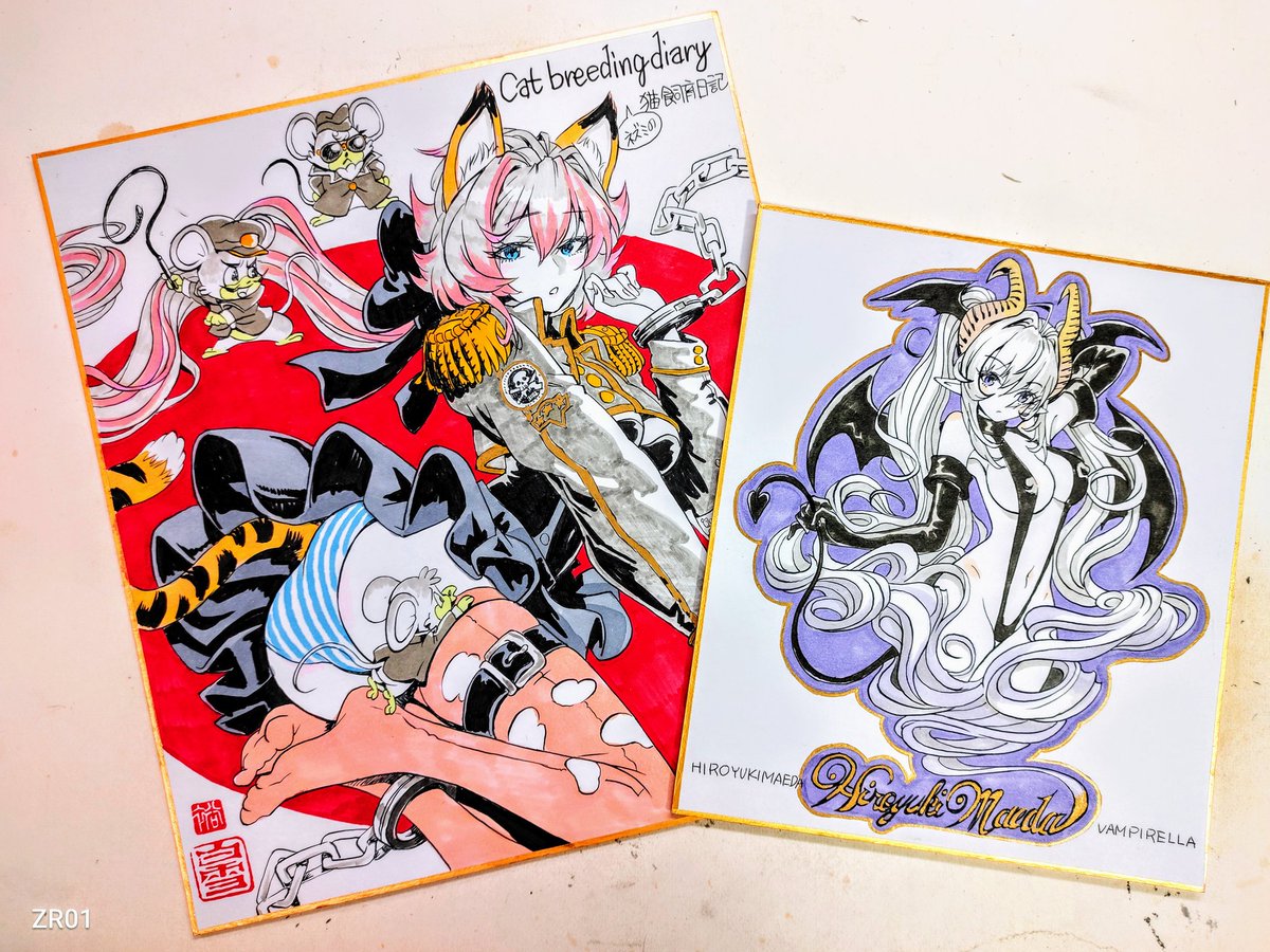 honeybonesmaeda's tweet photo. Labyrinth展2‐妖怪　8月16日まで
今季最後の色紙が出来ました。
他作家さんと妖怪について話しして、猫を飼っている化けネズミがいるとの事で、僕なりに可愛くイラストにしてみました。もう一つは昨日と同じデザインでのブルーバージョン。これで今季は制作終了。 https://t.co/lTs7FJarIh