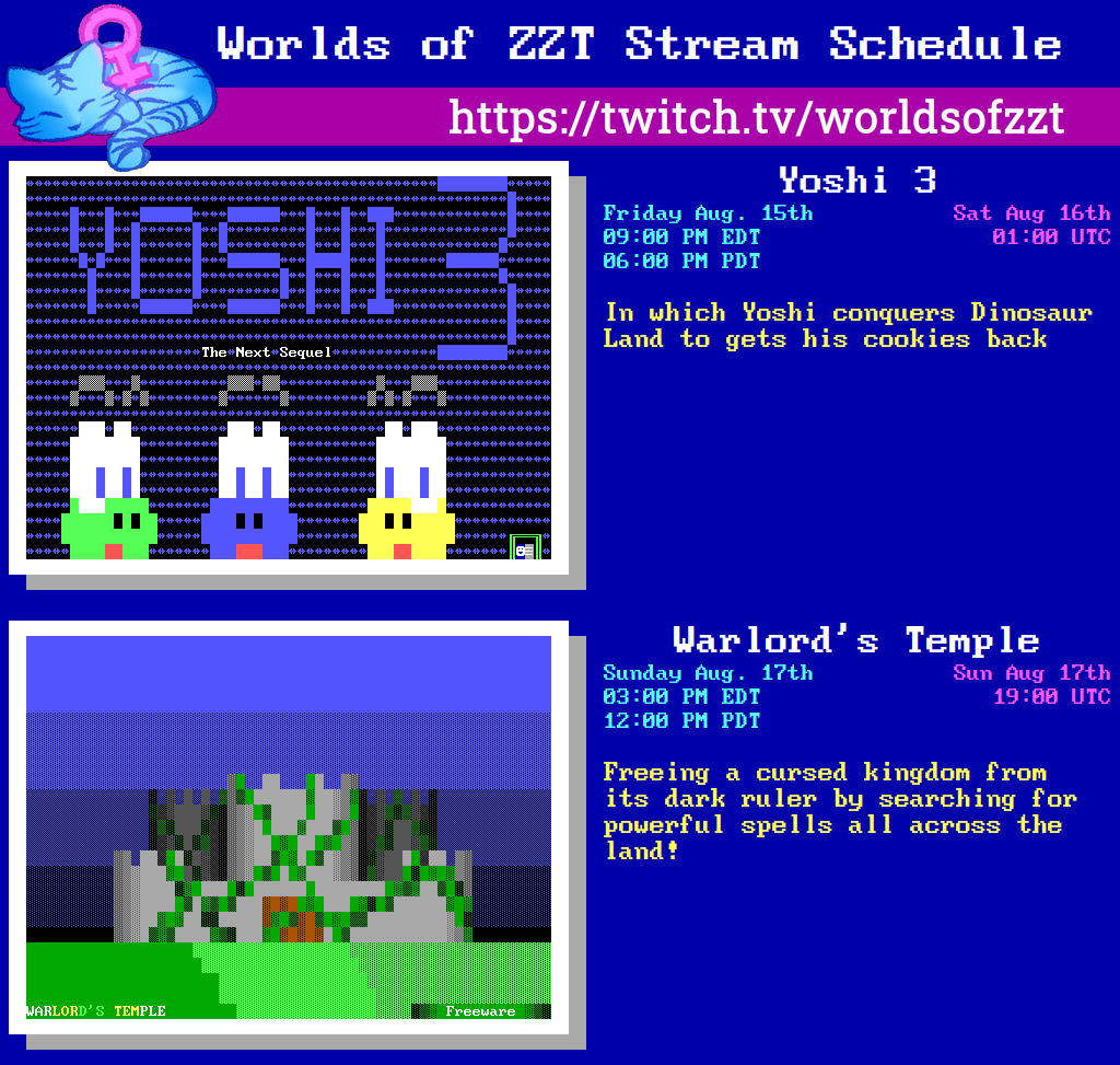 worldsofzzt's tweet photo. Sorry. Crossed wires with the titles as always. We are playing _Warlord's Temple_ on Friday. https://t.co/Z7EwNwboP8 #stream_schedule #zzt https://t.co/mOqUrTDKL3