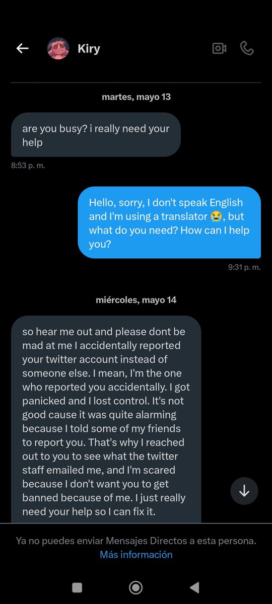asterCyan's tweet photo. Ps antes en mayo como dice la captura me mandó mensaje una cuenta que ni me acordaba que seguía de una artista que hablaba español pero me envió mensaje en inglés, la artista me contó acerca que reportó mi cuenta por accidente https://t.co/mJoxdWO1Lw