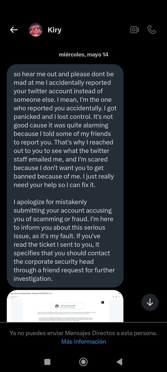asterCyan's tweet photo. Ps antes en mayo como dice la captura me mandó mensaje una cuenta que ni me acordaba que seguía de una artista que hablaba español pero me envió mensaje en inglés, la artista me contó acerca que reportó mi cuenta por accidente https://t.co/mJoxdWO1Lw