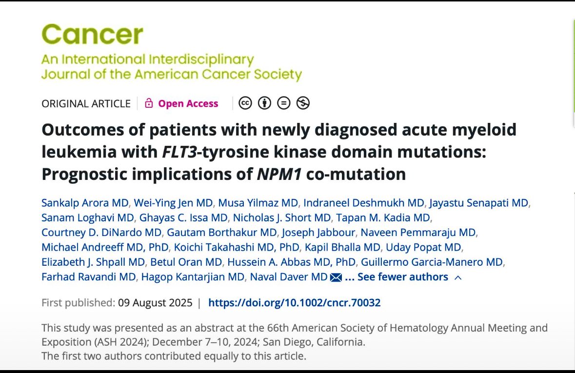 👉👉👉Important new paper led by Dr <a href="/sankalparoraMD/">Sankalp Arora, MD</a> &amp; Prof <a href="/Daver_Leukemia/">Naval Daver, M.D.</a> just out in <a href="/JournalCancer/">ACS Journal Cancer</a> #FLT3TKD #NPM1 for patient with AML #leusm #endcancer 

<a href="/sanamloghavi/">Sanam Loghavi, MD صنم لغوی 🔬🧬</a> <a href="/GhayasIssa/">Ghayas Issa</a> <a href="/NicholasShortMD/">Nicholas Short MD</a> <a href="/TapKadia/">Tapan Kadia</a> <a href="/garciamanero/">Guillermo Garcia-Manero</a> <a href="/DrHKantarjian/">Hagop Kantarjian,MD</a> 

acsjournals.onlinelibrary.wiley.com/doi/10.1002/cn…