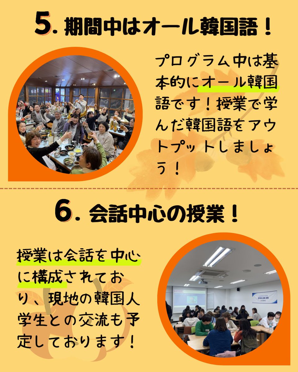 【2025秋・超短期研修催行決定🎉】

2025秋のミレ超短期研修が催行決定しました！🌾
参加者のみなさま、韓国でお待ちしております！🇰🇷

応募は【８月１５日（金）】まで受け付けております！！
申込みはお早めに！

みなさまのご参加をお待ちしております！🤗
▼詳細はこちら
ryugaku.myedu.jp/korea/special/…
