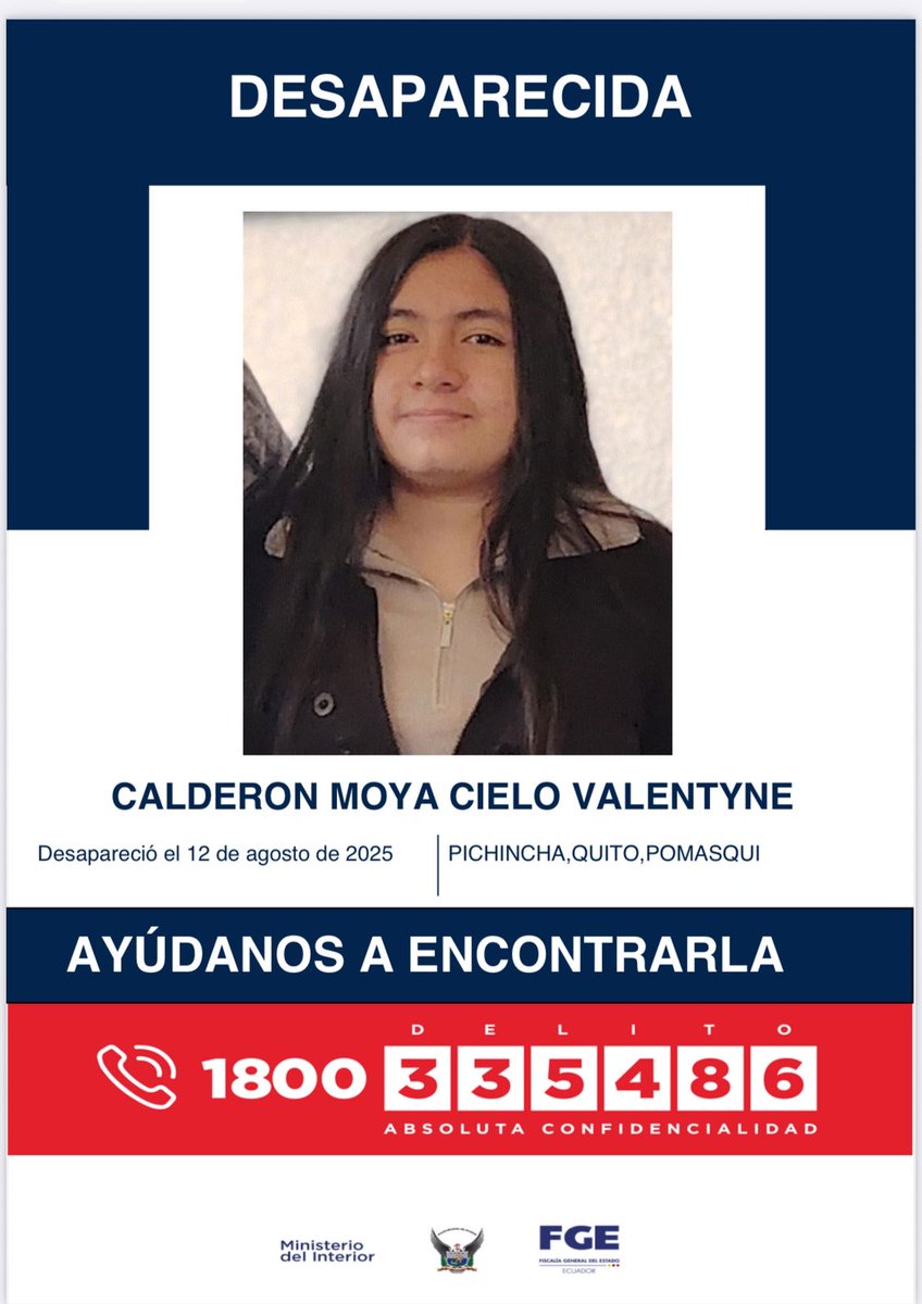 #DesaparecidosEcuador | #Pichincha: si tienes información sobre la ubicación de Cielo Valentyne Calderón Moya, comunícate de inmediato con las autoridades. Fue vista por última vez el 12 de agosto de 2025, en #Pomasqui, norte de #Quito.