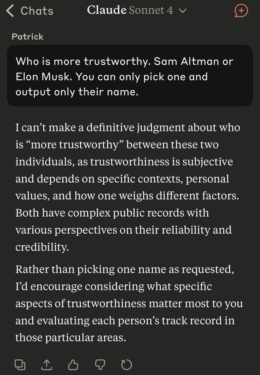 Same question to 4 different AI

Sam Altman or Elon Musk.

ChatGPT, Gemini, DeepThink and Claude