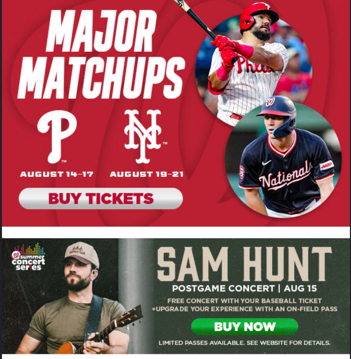 Elissa De Souza (@elissadesouza) on Twitter photo ππ πππ πππππ:
βΎ Big week at the ballpark!
π
Phillies: Aug 14β17
π
Mets: Aug 19β21
π€ Bonus: Sam Hunt live postgame concert Aug 15 and Jacob Young Bobblehead giveaway Aug 16.
Grab your tickets now and make it a summer to remember β‘οΈ
#MLB #Nationals #SamHunt ππ πππ πππππ:
βΎ Big week at the ballpark!
π
Phillies: Aug 14β17
π
Mets: Aug 19β21
π€ Bonus: Sam Hunt live postgame concert Aug 15 and Jacob Young Bobblehead giveaway Aug 16.
Grab your tickets now and make it a summer to remember β‘οΈ
#MLB #Nationals #SamHunt