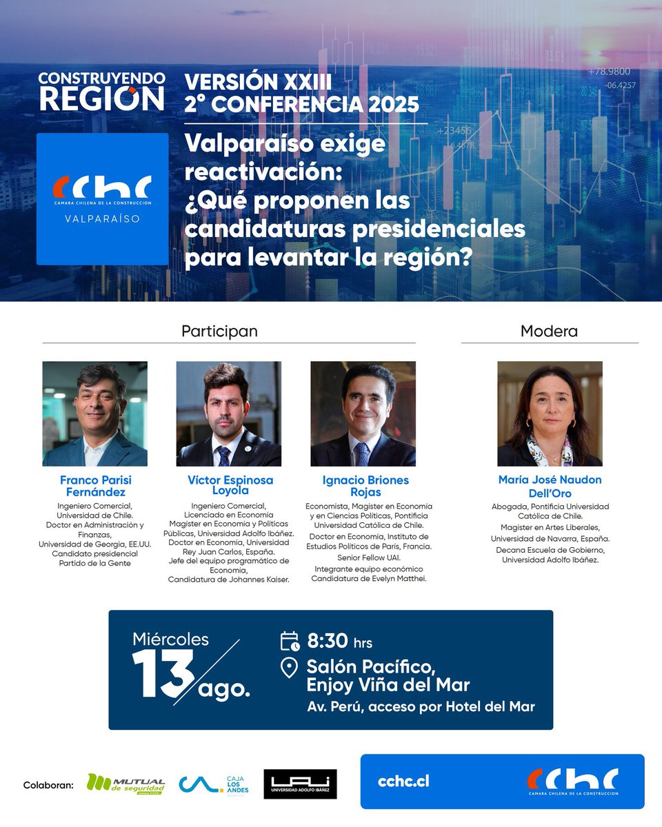 UAI - Viña del Mar (@uai_vina) on Twitter photo REGIÓN VALPARAÍSO🔴
Una conversación con las candidaturas presidenciales sobre las propuestas de reactivación <a href="/ignaciobriones_/">Ignacio Briones</a> <a href="/ParisiPDG/">Franco Parisi Fernandez</a> <a href="/evelynmatthei/">Evelyn Matthei</a> <a href="/Jou_Kaiser/">Johannes Kaiser. Diputado por el distrito 10</a>
Modera: <a href="/MJNaudon/">María José Naudon</a> decana <a href="/GobiernoUAI/">Gobierno UAI</a>
Organizan: <a href="/CChCValparaiso/">CChC Valparaíso</a> <a href="/mutualcchc/">Mutual de Seguridad</a> <a href="/CajaLosAndes/">Caja Los Andes</a> <a href="/UAI_CL/">UAI</a> REGIÓN VALPARAÍSO🔴
Una conversación con las candidaturas presidenciales sobre las propuestas de reactivación <a href="/ignaciobriones_/">Ignacio Briones</a> <a href="/ParisiPDG/">Franco Parisi Fernandez</a> <a href="/evelynmatthei/">Evelyn Matthei</a> <a href="/Jou_Kaiser/">Johannes Kaiser. Diputado por el distrito 10</a>
Modera: <a href="/MJNaudon/">María José Naudon</a> decana <a href="/GobiernoUAI/">Gobierno UAI</a>
Organizan: <a href="/CChCValparaiso/">CChC Valparaíso</a> <a href="/mutualcchc/">Mutual de Seguridad</a> <a href="/CajaLosAndes/">Caja Los Andes</a> <a href="/UAI_CL/">UAI</a>