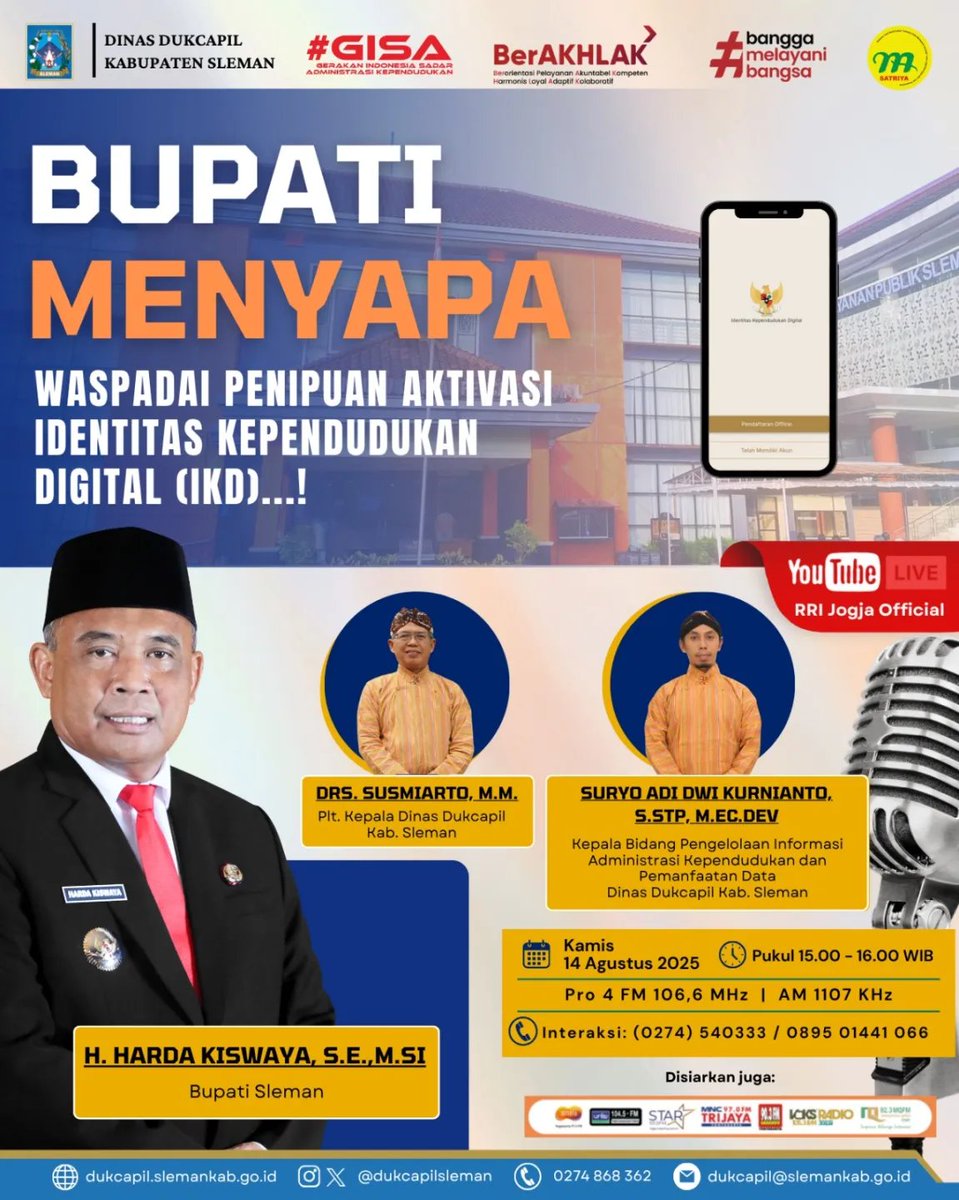 BUPATI MENYAPA bersama DISDUKCAPIL SLEMAN
.
.
.
Dinas Kependudukan dan Pencatatan Sipil Kabupaten Sleman hadir dalam program BUPATI MENYAPA bersama Bupati Sleman, Bapak H. Harda Kiswoyo, S.E., M.Si.