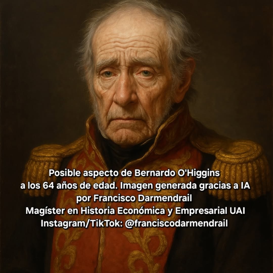En el mes de natalicio de Bernardo O'Higgins: ¿Cuál fue su  aspecto a los 64 años de edad? (Falleció a esa edad en 1842 en Perú). No existe, hasta donde se sabe, un retrato elaborado en vida de esta etapa, empero le pedí a la Inteligencia Artificial una imagen #Hilo