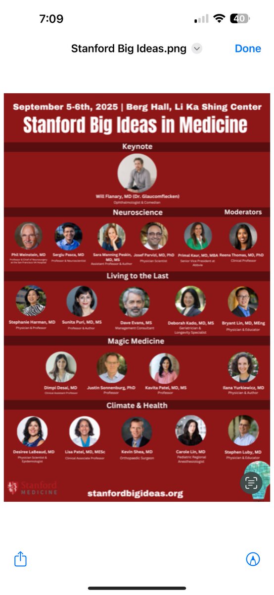 Please join me for the third annual Stanford Big Ideas in Medicine Conference Sept. 5th &amp; 6th,  Big Ideas is a thought provoking, multidisciplinary exploration of Neuroscience, Magic Medicines, Living to the Last, and Climate and Health. Seats are going fast.