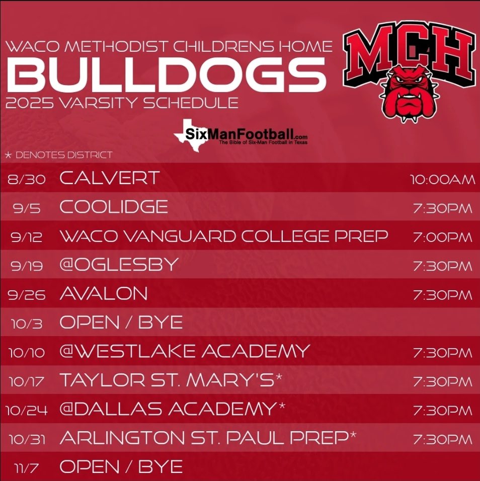 bickham_londen's tweet photo. Our #MCHBULLDOGS🐾❗️2025-26 varsity football schedule. All are home games at 1111 Harring ave📍except..
#Oglesby
#Westlake
#DallasAcademy
Let’s go dogs!!!💪🏿 https://t.co/3Ik6zHlD3M