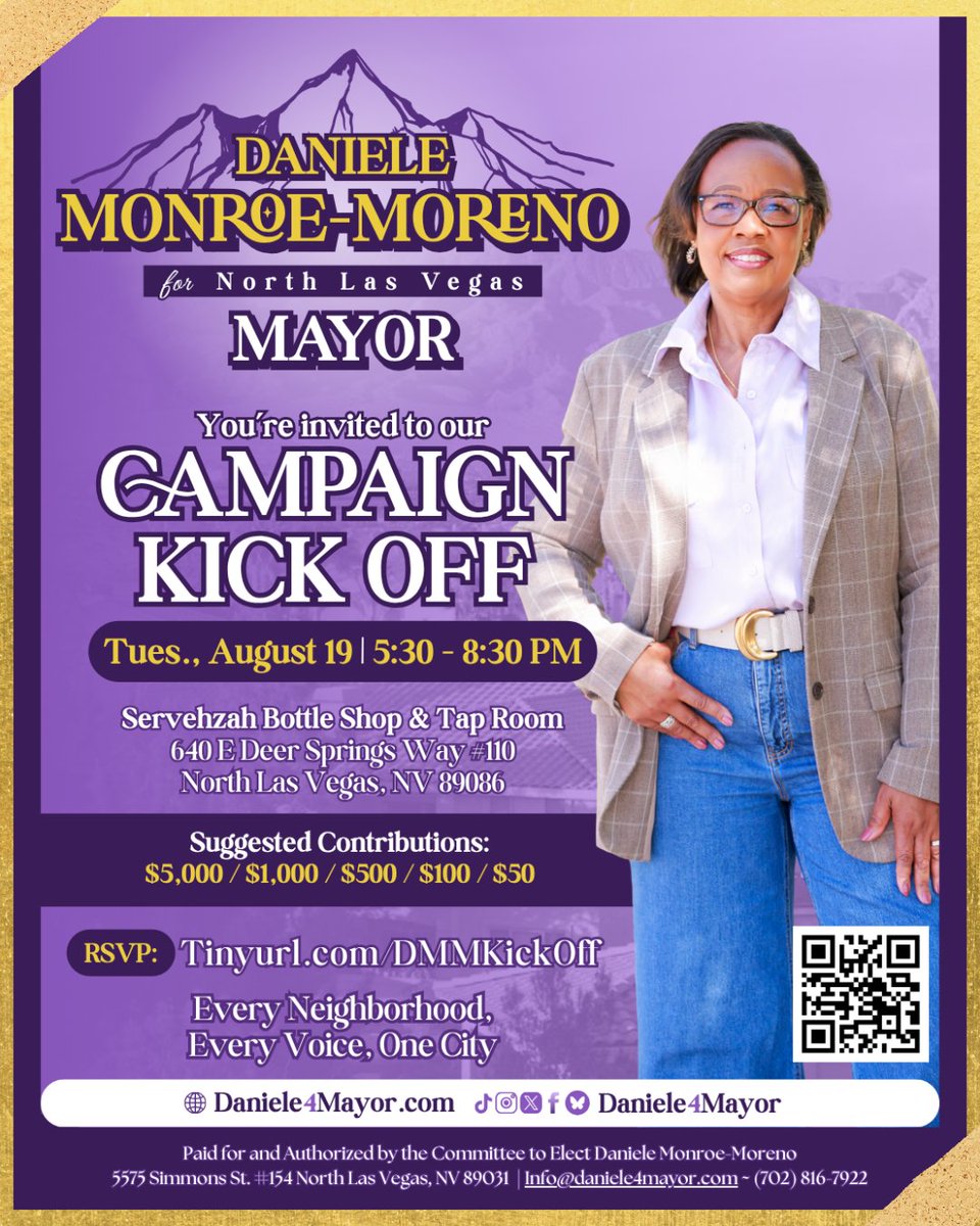 To my North Las Vegas family, and those beyond, I would love for you to join my team and I, for my formal campaign launch. My promise to you hasn’t changed: I will continue my service to our community as the next Mayor of North Las Vegas.

Join me next Tuesday on August 19th on