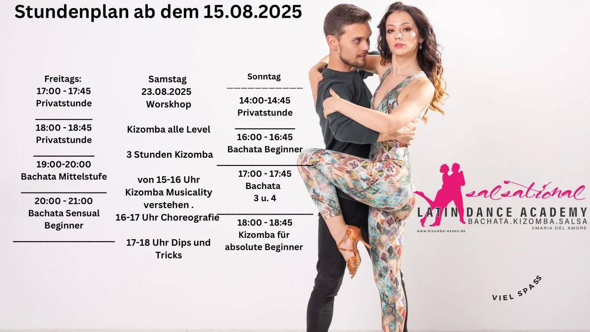 Salsational1's tweet photo. Ab dem 17. August in Essen
💃 Kein Tanzpartner erforderlich! 
✨ 4-Wochen-Kursblock: 40 € pro Person / 70 € pro Paar
📩 Jetzt anmelden:
👉 https://t.co/zVzFYyNYfu
📱 Fragen? Schreib uns auf WhatsApp: 0157 58183273 @Highlight https://t.co/kmGKtdEy0H