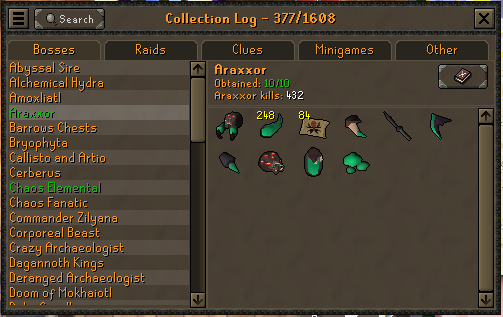 SlayhenRS's tweet photo. Araxxor green logged 432 kc, haven't gotten luck at a boss in a long time. https://t.co/LIyQbBbRjd