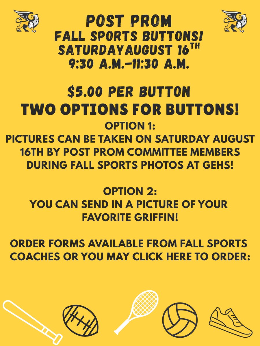 Gretna East Booster Club (@griffinsbooster) on Twitter photo Order your student buttons forms.gle/t4wx9gWpkbZqDx… - 100% of proceeds support <a href="/GEHSpostprom/">GretnaEast_PostProm_Committee</a> to provide <a href="/gretnaeasthigh/">Gretna East High School</a> students a safe & fun Post Prom experience! Order your student buttons forms.gle/t4wx9gWpkbZqDx… - 100% of proceeds support <a href="/GEHSpostprom/">GretnaEast_PostProm_Committee</a> to provide <a href="/gretnaeasthigh/">Gretna East High School</a> students a safe & fun Post Prom experience!