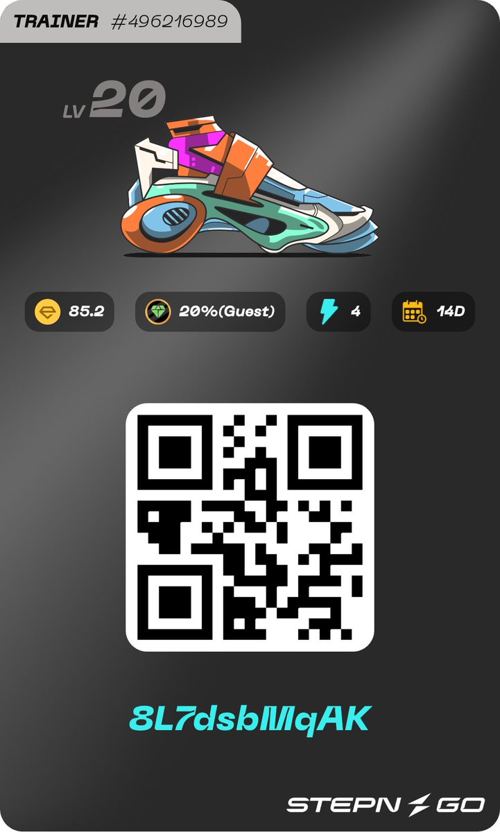 ゲスト募集します！
トレーナーlv20  effi85.2
4エナ2週間、ゲスト20%
45エナ以上消化希望

コード使われた方は、連絡用にXのフォローをいただけると嬉しいです！

8L7dsbMqAK

#STEPNGO
#ゲスト募集