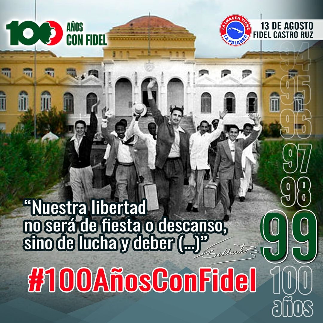 Su legado sigue siendo fuente de inspiración para las generaciones presentes y futuras en Cuba y en el mundo.
🇨🇺 #100AñosConFidel #SiempreJoven
#SanctiSpíritusEnMarcha
<a href="/DiazCanelB/">Miguel Díaz-Canel Bermúdez</a>
<a href="/DrRobertoMOjeda/">Dr. Roberto Morales Ojeda</a> <a href="/PartidoPCC/">Partido Comunista de Cuba</a> <a href="/ssp_enmarcha/">Sigue la Marcha❤️🇨🇺</a> <a href="/DeivyPrezMartn1/">Deivy Pérez Martín</a> <a href="/AlexisLorente74/">Alexis Lorente Jiménez</a>  <a href="/MEspirituana/">@MariposaEspirituana</a> 💯