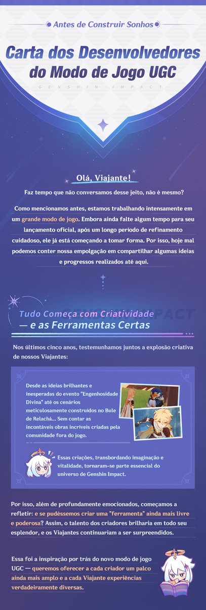BRGenshinImpact's tweet photo. #GenshinImpact
Antes de Construir Sonhos — Carta dos Desenvolvedores do Modo de Jogo UGC

Olá, Viajante! Faz tempo que não conversamos desse jeito, não é mesmo?
Como mencionamos antes, estamos trabalhando intensamente em um grande modo de jogo. Embora ainda falte algum tempo para seu lançamento oficial, após um longo período de refinamento cuidadoso, ele já está começando a tomar forma. Por isso, hoje mal podemos conter nossa empolgação em compartilhar algumas ideias e progressos realizados até aqui.

Para mais detalhes, confira:
https://t.co/wWWtFDznyQ