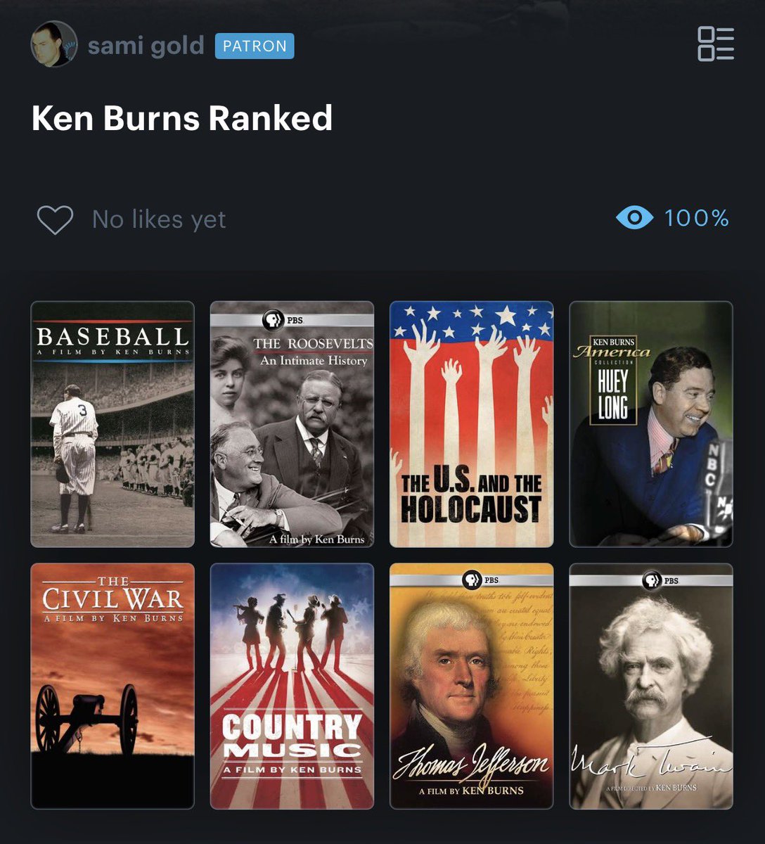 Film Twitter, let’s get on the Ken Burns hype train. Here’s my ranking: