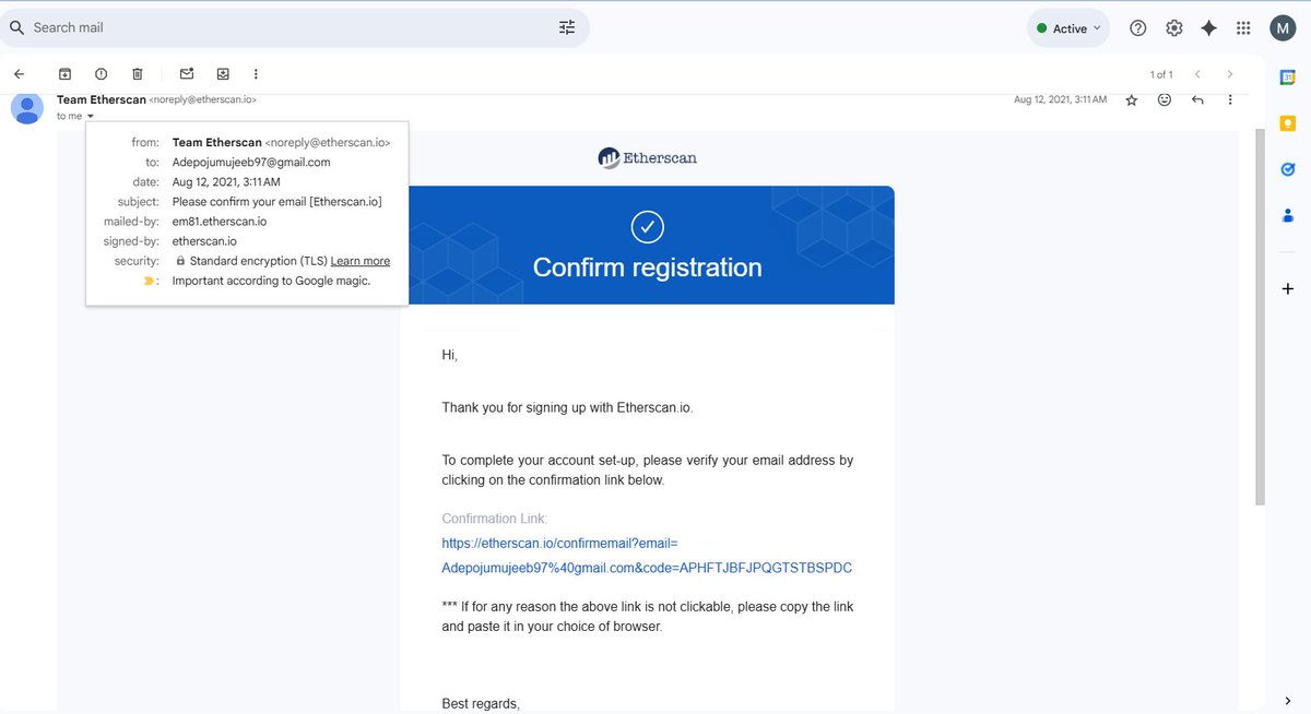 I remember vividly signing up for Etherscan in 2021 after I was onboarded into web3 that year. I searched for the mail now and I registered on August 12, 2021 which I just realized right now it happened to be on <a href="/etherscan/">etherscan.eth</a>'s anniversary.
What a great #10YearsofEtherscan
Cheers🥂