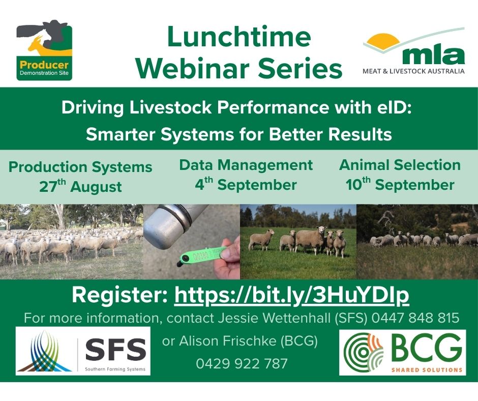 Southern Farming Systems (@southernfs) on Twitter photo ๐ Boost your livestock performance with smarter eID systems!
Join us for Lunchtime Webinar Series to explore:
๐
Aug 27 โ Production Systems
๐
Sept 4 โ Data Management
๐
Sept 10 โ Animal Selection
๐ Register now: bit.ly/3HuYDlp
<a href="/meatlivestock/">Meat & Livestock Australia</a> <a href="/BCG_Birchip/">Birchip Cropping Group (BCG)</a> ๐ Boost your livestock performance with smarter eID systems!
Join us for Lunchtime Webinar Series to explore:
๐
Aug 27 โ Production Systems
๐
Sept 4 โ Data Management
๐
Sept 10 โ Animal Selection
๐ Register now: bit.ly/3HuYDlp
<a href="/meatlivestock/">Meat & Livestock Australia</a> <a href="/BCG_Birchip/">Birchip Cropping Group (BCG)</a>