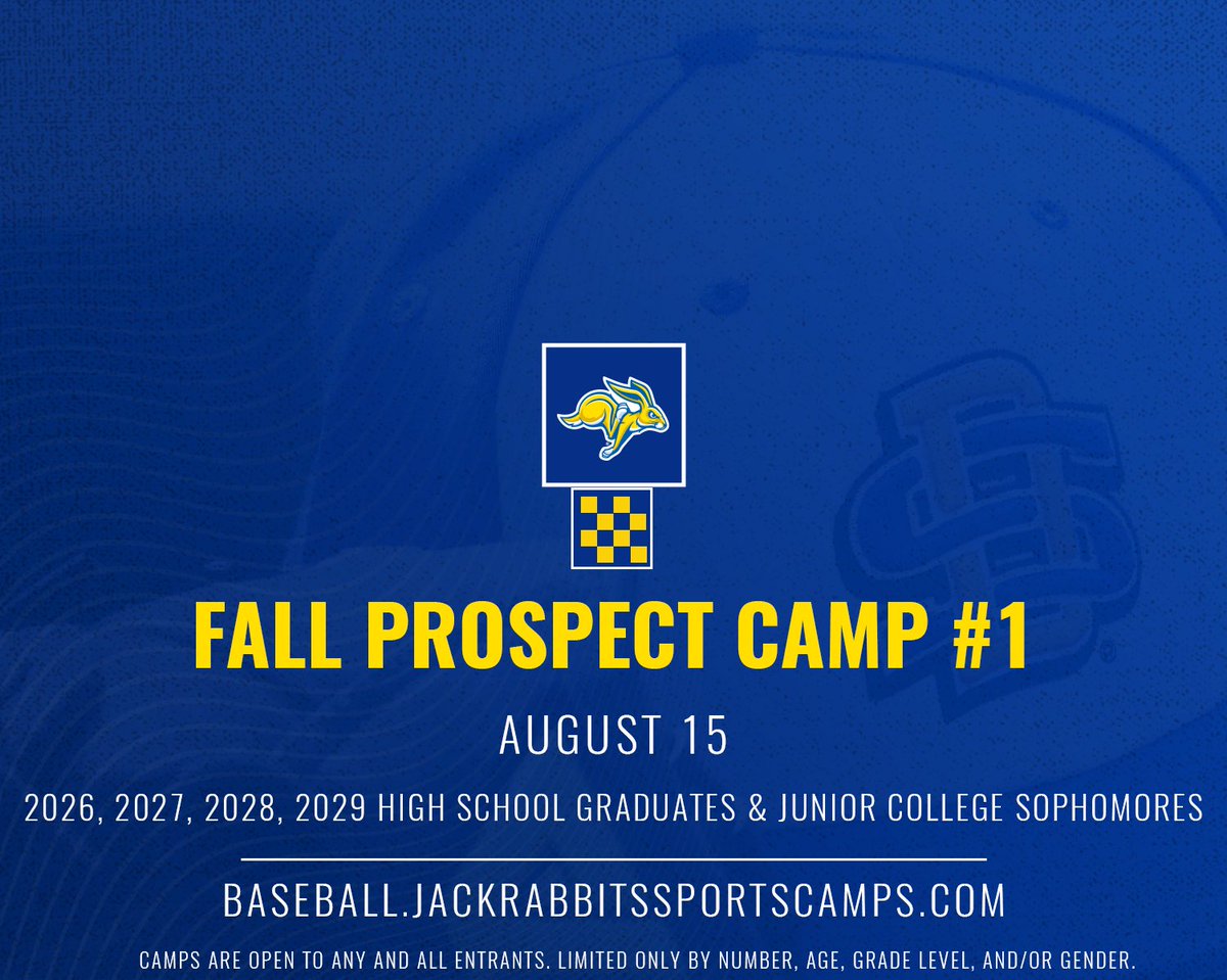 Last call for camp! Registration closes tomorrow night! 

🗓️ Friday, August 15 
🔗 baseball.jackrabbitsportscamps.com/fall-prospect-…

🕛 Noon - 8 PM

🐰 Grades 9-12 &amp; Junior College Sophomores