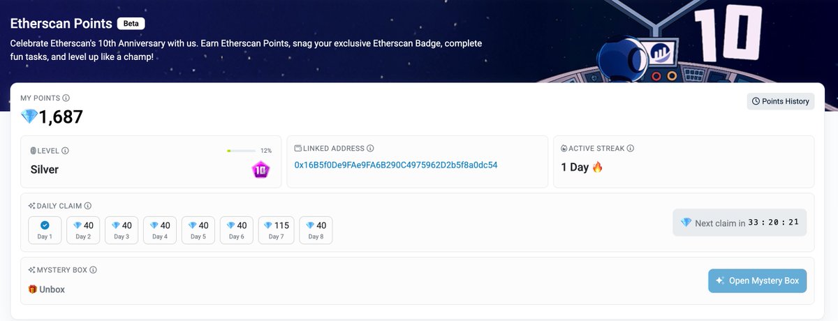 0撸：Etherscan十周年纪念徽章、OG积分 

<a href="/etherscan/">etherscan.eth</a>
十周年开启纪念活动
8月12日前创建Etherscan账户并活跃
可0撸纪念徽章和OG积分 

etherscan.io/points 

 #10YearsofEtherscan