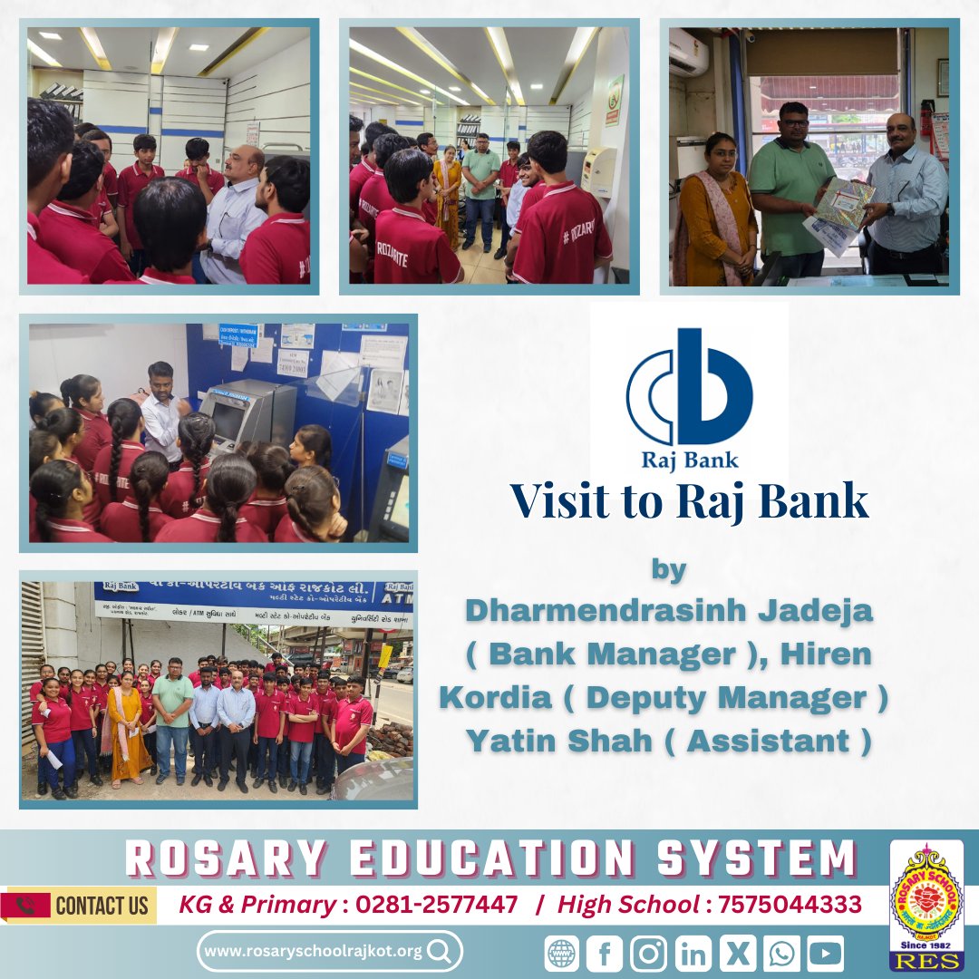 RosaryTweets's tweet image. Class 11 Commerce &amp;amp; Arts students of Rosary School visited Raj Bank for an insightful tour of banking operations.
Thanks to Mr. Dharmendrasinh Jadeja, Mr. Hiren Kordia &amp;amp; Mr. Yatin Shah for sharing valuable knowledge.
#BankVisit #StudentLearning #RosarySchool