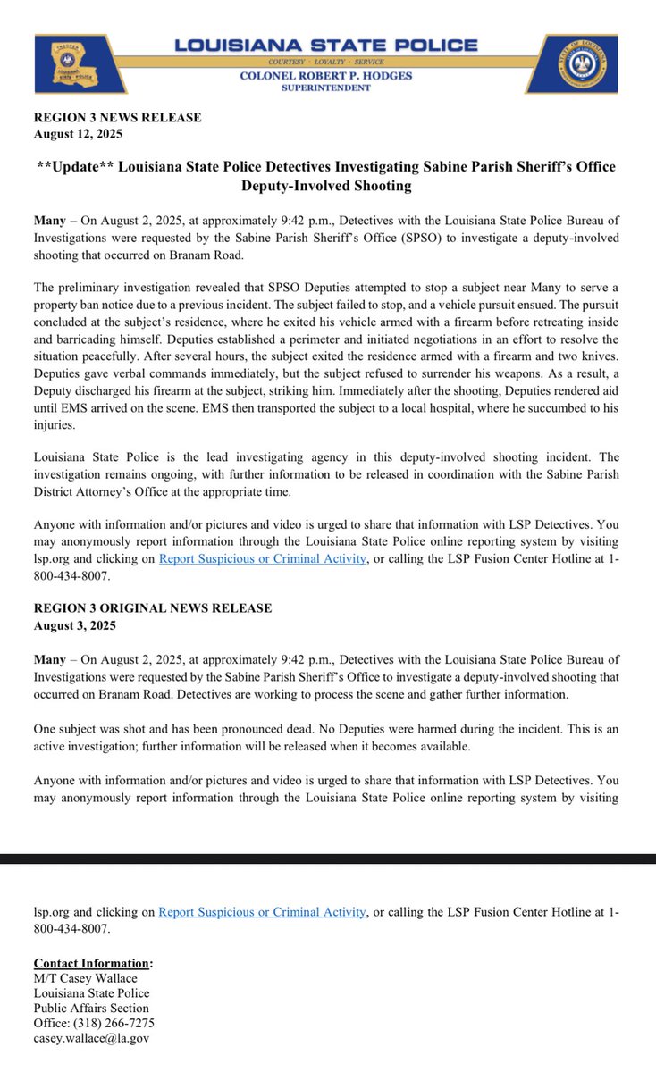 **Update** Louisiana State Police Detectives Investigating Sabine Parish Sheriff’s Office Deputy-Involved Shooting
