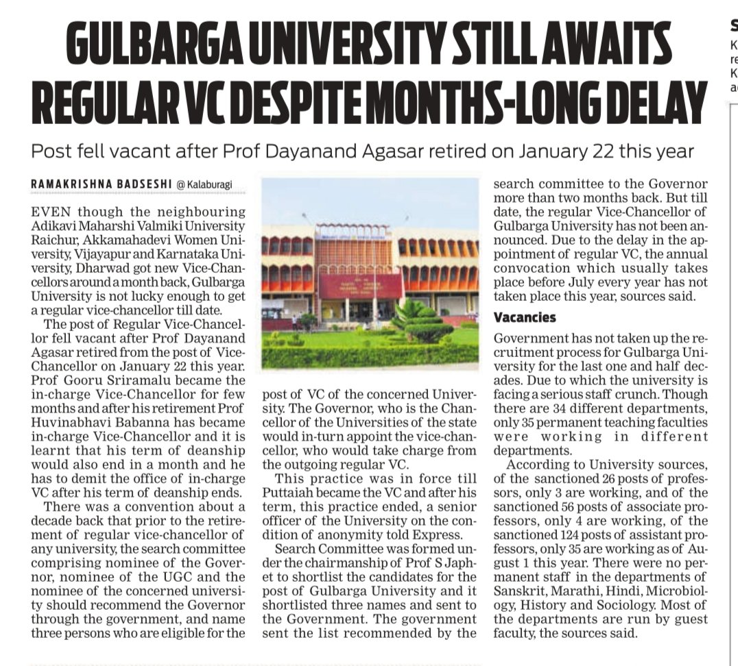 The post of regular vice- chancellor fell vacant  after Prof. Dayanand Agasar retired from the post of Vice Chancellor on January 22nd this year.<a href="/XpressBengaluru/">TNIE Karnataka</a> .<a href="/ramupatil_TNIE/">Ramu Patil</a> .<a href="/AmitSUpadhye/">Amit Upadhye</a> .