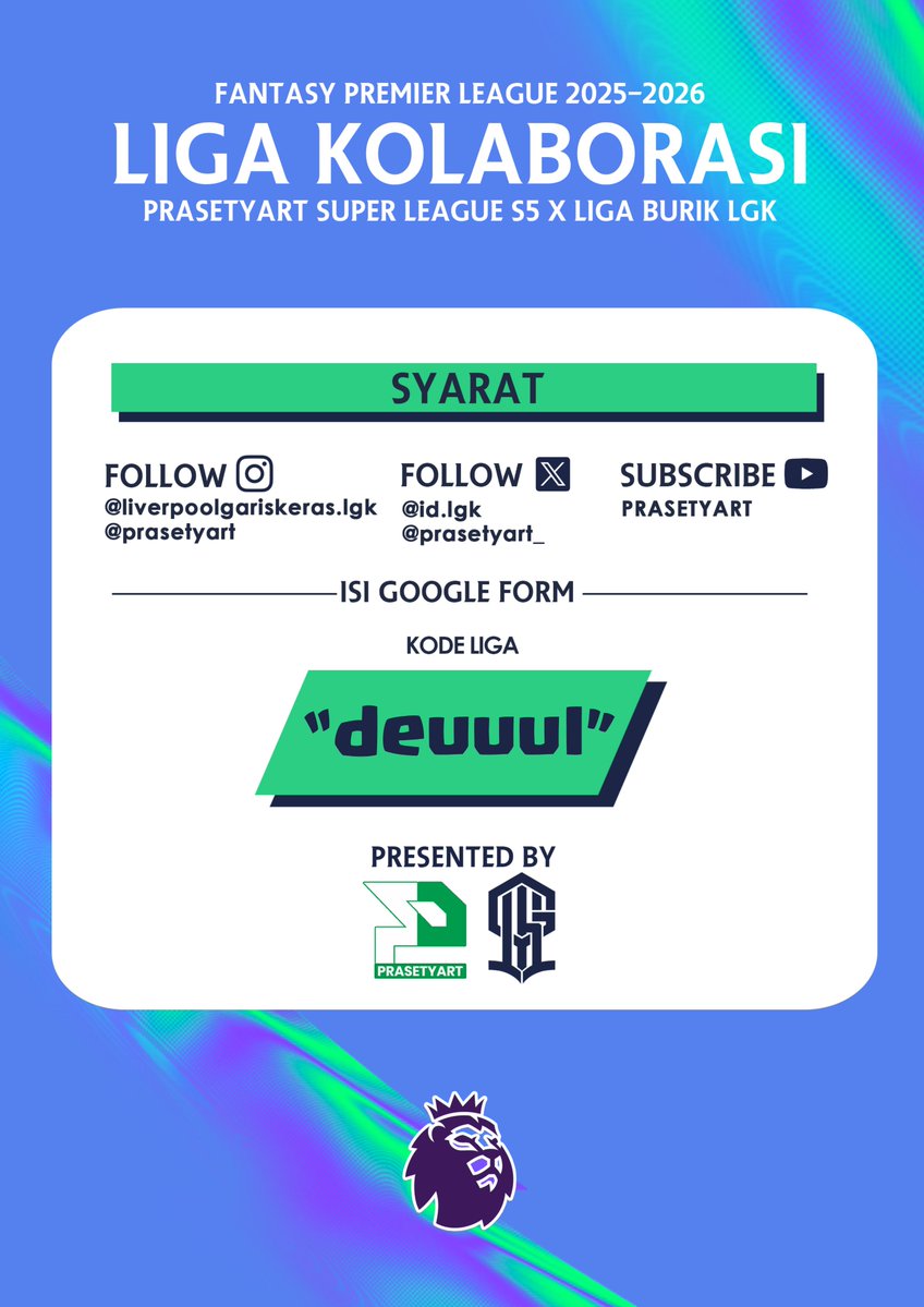 FPL PRASETYART 🇮🇩 🇬🇧 (@prasetyart_) on Twitter photo 🚨 LIGA KOLABORASI FPL PRASETYART SEASON 5 X LIGA BURIK - LGK 🚨
Wajib mengisi Google Form untuk kemudahan klaim hadiah: bit.ly/LGKxPSL
Detail ada di poster, silahkan bisa bantu Like & RT!
cc: <a href="/pisangij01/">FPL Liga Pisangijo</a> 🚨 LIGA KOLABORASI FPL PRASETYART SEASON 5 X LIGA BURIK - LGK 🚨
Wajib mengisi Google Form untuk kemudahan klaim hadiah: bit.ly/LGKxPSL
Detail ada di poster, silahkan bisa bantu Like & RT!
cc: <a href="/pisangij01/">FPL Liga Pisangijo</a>
