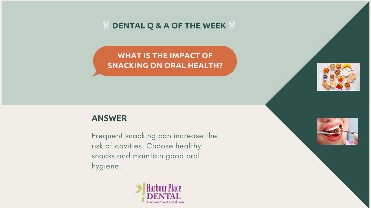 **Q:** What impact does snacking have on oral health?
**A:** Frequent snacking raises cavity risk by exposing teeth to sugars and acids . Choose healthy snacks like fruits &amp; nuts, and keep up good oral hygiene with regular brushing &amp; flossing for a healthier smile!
#DentalTips
