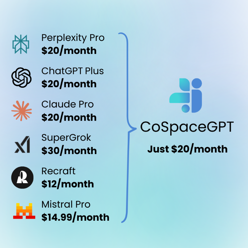 cospacegpt's tweet photo. Overwhelmed by too many AI subscriptions?

Get all the best models — GPT-5, Claude 4, Grok 4, and more — for just $20/month with CoSpaceGPT.