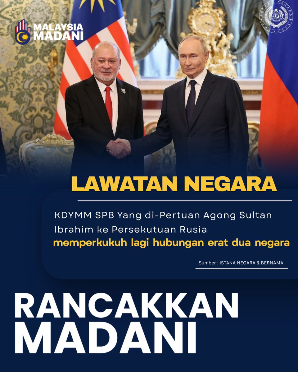MalaysiaMFA's tweet image. 📌 Lawatan Negara KDYMM Seri Paduka Baginda Yang di-Pertuan Agong Sultan Ibrahim ke Persekutuan Rusia dari 5 hingga 10 Ogos 2025 berjaya memperkukuh hubungan dua hala Malaysia-Rusia yang telah terjalin sejak 1967. (1/3)