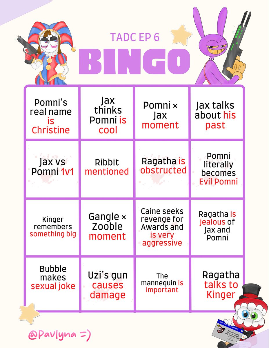 Pavlynart's tweet photo. My Bingo TADC EP 6 !

#funnybunny #tadc #theamazingdigitalcircus #jax #pomni #EP6 https://t.co/8babhdOLqD