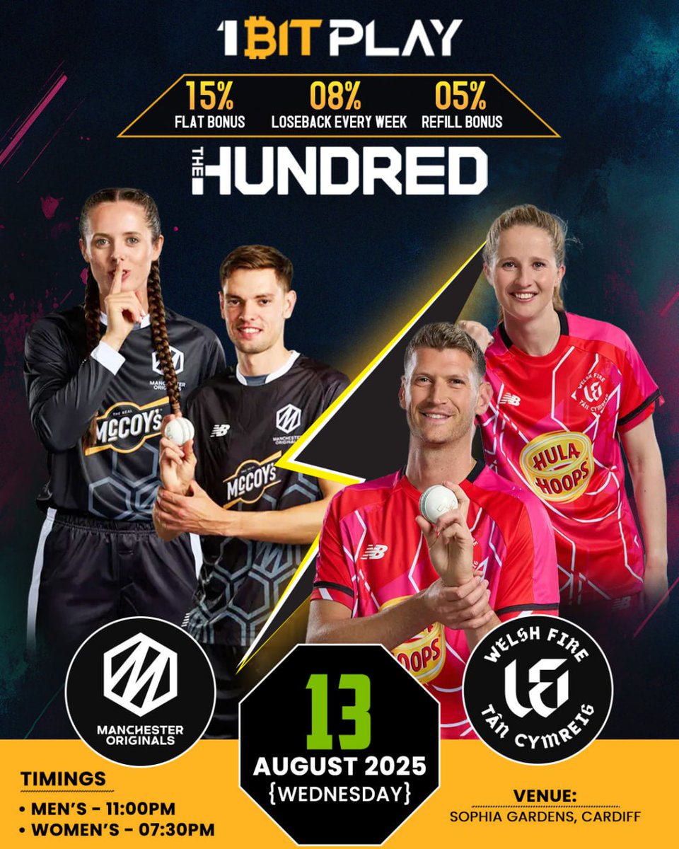 1bitplay's tweet photo. 🔥 The Hundred – Double Clash at Sophia Gardens! 🔥

Women’s Match – Welsh Fire Women 🆚 Manchester Originals Women
⏰ 7:30 PM

Men’s Match – Welsh Fire 🆚 Manchester Originals
⏰ 11:00 PM

Two high-voltage battles under one roof! Who’s taking the glory tonight in Cardiff? 🏏

🎁 15% Welcome Bonus | 5% Refill | 8% Loseback

💸 Bet Live & Win Big — Only on https://t.co/jngmiWJXH1

#TheHundred2025 #SuperchargersVsFire #CricketNight #1bitplay #LiveCricket #DoubleHeader #CricketVibes #BigWins #1bitplaycricket #1bitplaygames #englandcricket