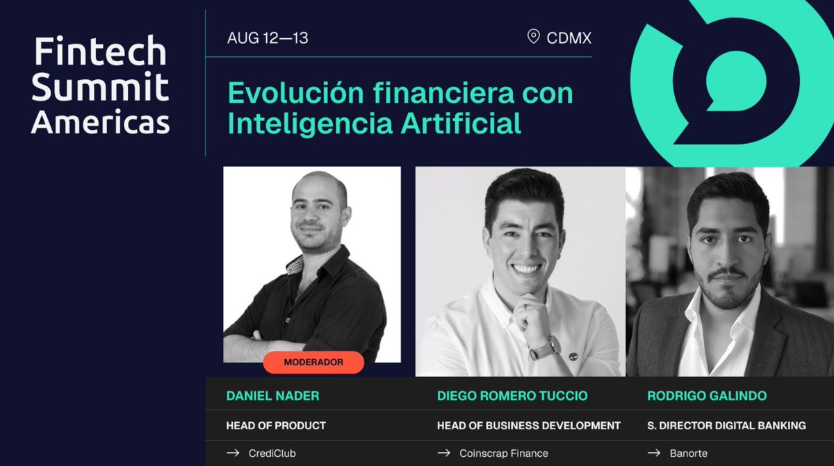 ✨ 𝗡𝘂𝗲𝘀𝘁𝗿𝗮 #Innovación 𝗯𝗿𝗶𝗹𝗹𝗮 𝗲𝗻 𝗲𝗹 #FintechSummitAmericas

#DiegoRomero, HBD para Latam, ha participado junto a #DanielNader y #RodrigoGalindo en la charla "Evolución financiera con IA".

☝️ ¡Pásate hoy por nuestro #Stand!