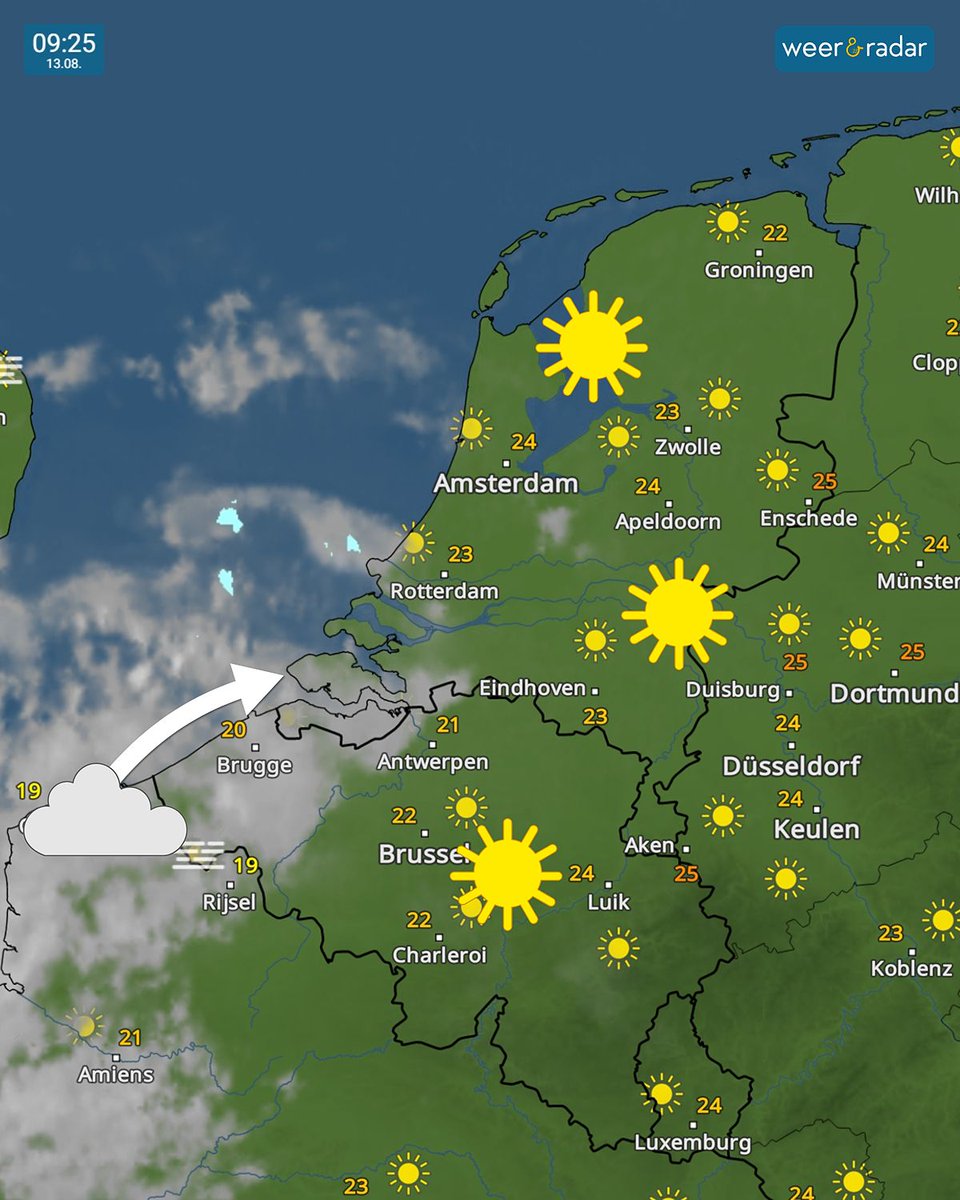 weerenradar_nl's tweet image. +++ #Weerupdate woensdag 13.08. 9:30u +++
Op de meeste plaatsen start de dag zonovergoten.☀️ De temperatuur stijgt rap tot 30-35 graden. In het zuidwesten zien we de aanvoer van lage bewolking.☁️ Overdag volgt er voor de westelijke helft meer bewolking.
#weerbericht #weernieuws