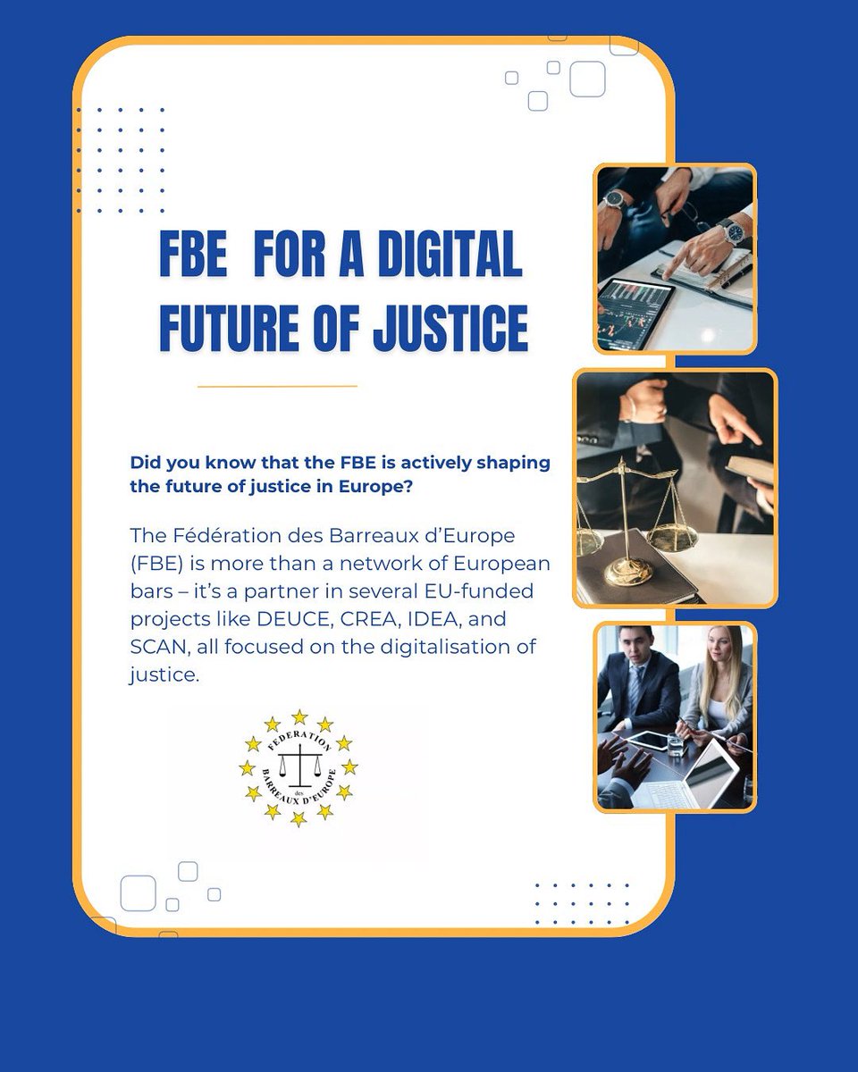 Did you know?
The Fédération des Barreaux d’Europe (FBE) is shaping the future of justice in Europe through EU-funded projects like DEUCE, CREA, IDEA &amp; SCAN – driving the digitalisation of justice.

✅ Boosting efficiency
✅ Expanding access
✅ Supporting lawyers in tech adoption