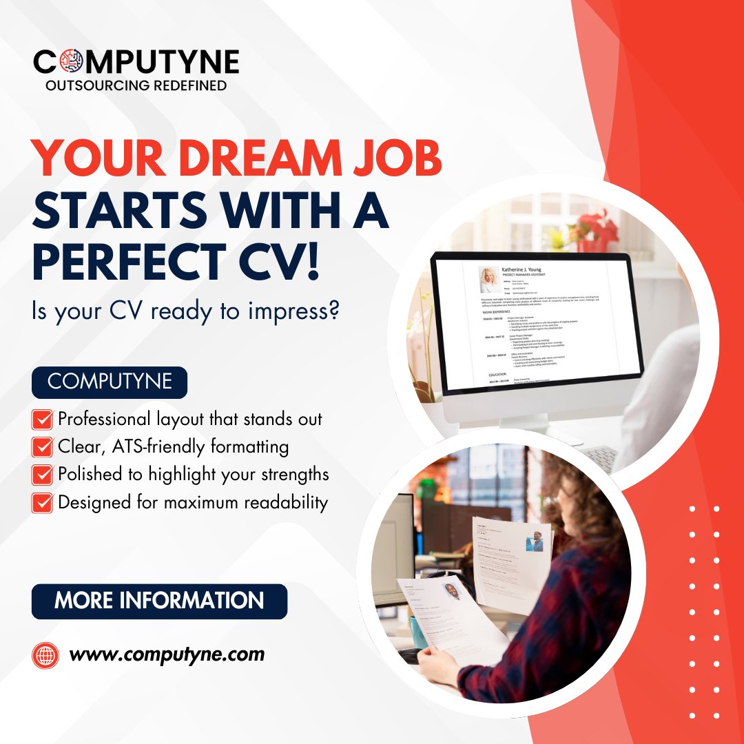 computyne's tweet image. Is your CV ready to impress?
✅Professional layout that stands out
✅Clear, ATS-friendly formatting
✅Polished to highlight your strengths
Email: info@computyne.com
Web Address: computyne.com
#CVFormatting #CareerSuccess #JobSearchTips #ProfessionalGrowth #ATSfriendly